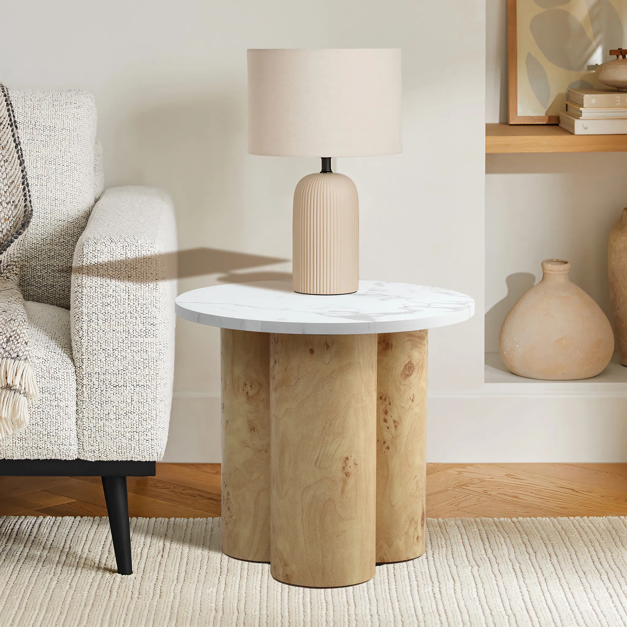 19.7'' Round Faux Marble Top Side Table with Natural Wood Cylinder Base | Wayfair North America