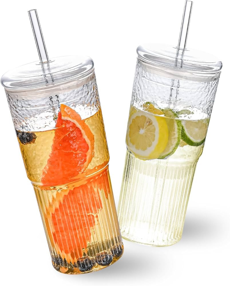 MINGHYZYA 20 OZ Iced Coffee Cup With Glass Lids and Straws,High Borosilicate Glass Tumbler Cup Re... | Amazon (US)