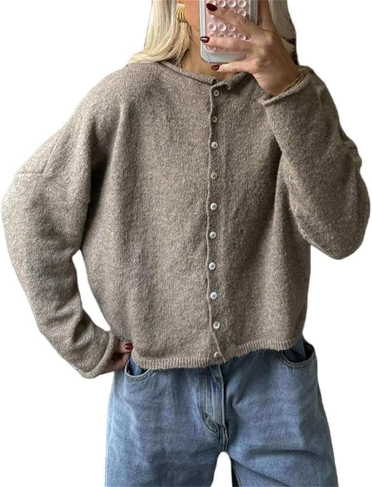Women Knitted Cardigan Sweaters Long Sleeve Button Down Loose Knitwear Tops Y2k Vintage Jumper Kn... | Amazon (US)
