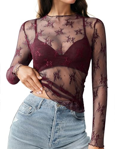 HOTOUCH Mesh Long Sleeve Layering Top for Women Mock Neck Floral Sheer See Through Tee Shirt Blouse Burgundy Lace Top M | Amazon (US)