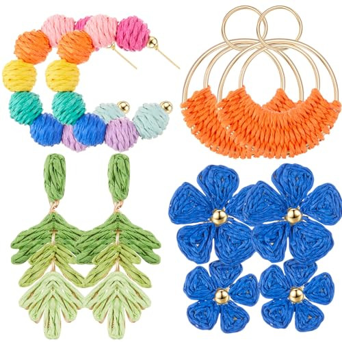 Meekoo 4 Pairs Handmade Boho Rattan Earrings for Women, Colorful | Amazon (US)