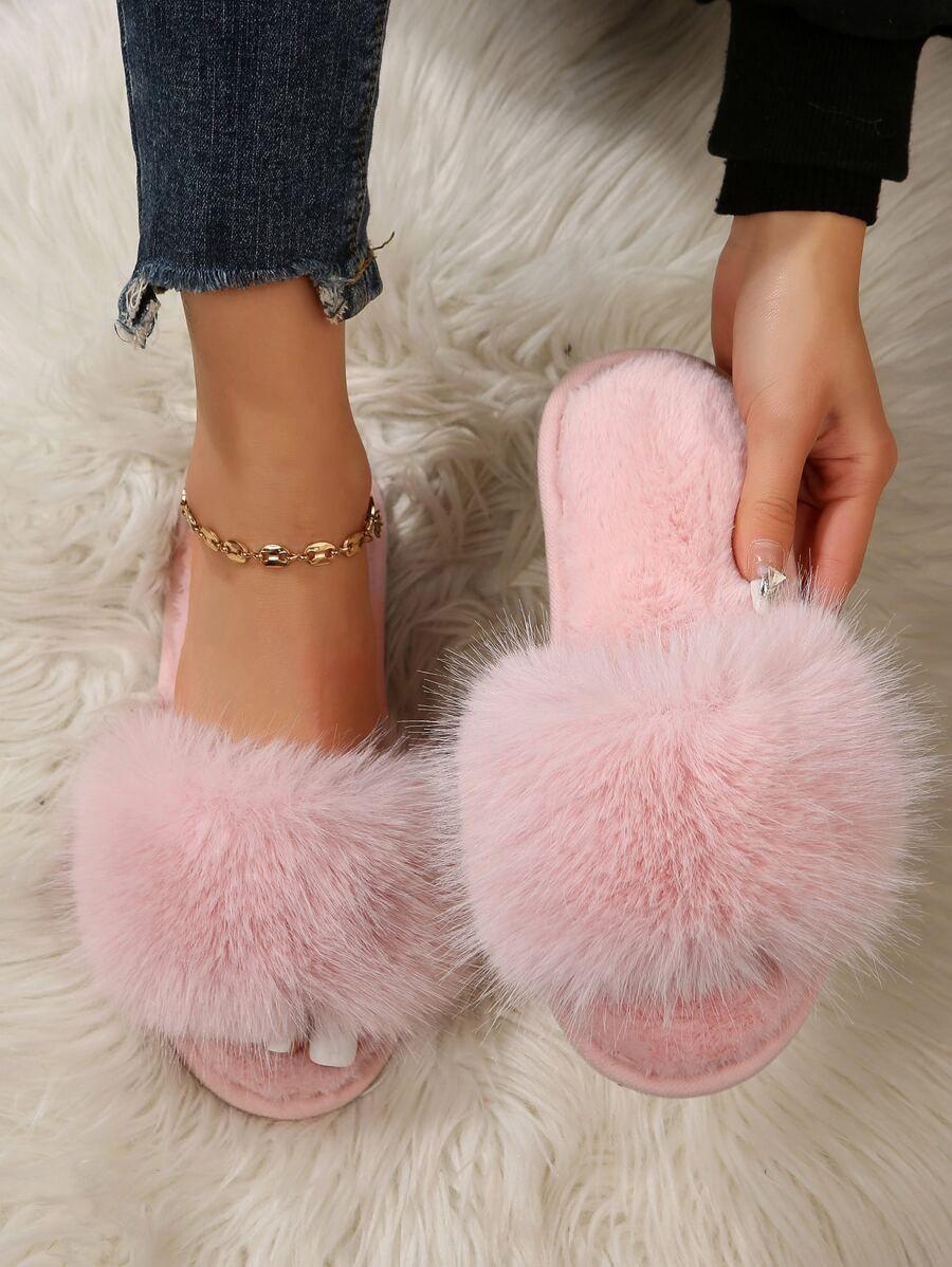 Women Fuzzy Panel Bedroom Slippers, Preppy Pink Fuzzy Slippers | SHEIN