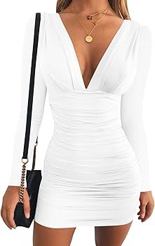 GOBLES Women's Sexy Long Sleeve V Neck Ruched Bodycon Mini Party Cocktail Dress | Amazon (US)