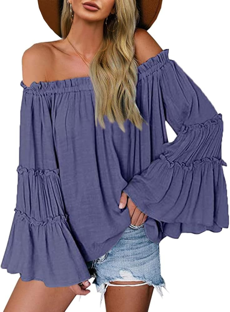 Womens Off The Shoulder Long Bell Sleeve Tops Flared Casual Loose Blouse | Amazon (US)