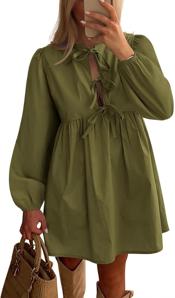 BTFBM Women's 2024 Fall Dresses Long Puff Sleeve Bow Tie Front Y2k Babydoll Peplum A Line Casual ... | Amazon (US)