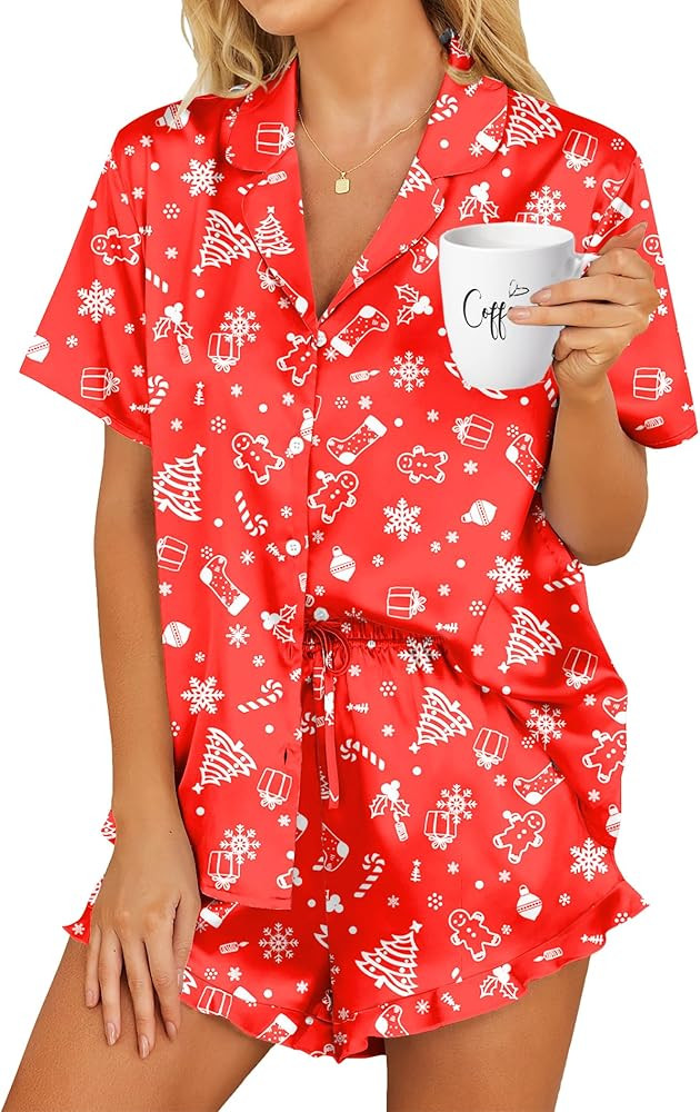 HOTOUCH Womens Satin Pajamas Set Button Down 2 Piece Silk Pjs Shorts Set Ruffle Lingerie Notch Co... | Amazon (US)