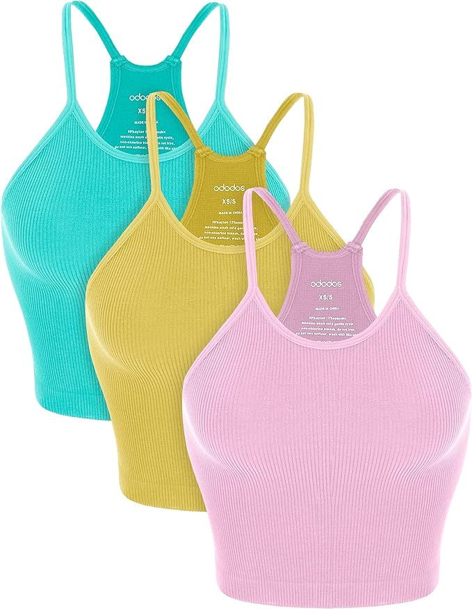 ODODOS Women's Crop 3-Pack Washed Seamless Rib-Knit Camisole Crop Tank Tops | Amazon (US)