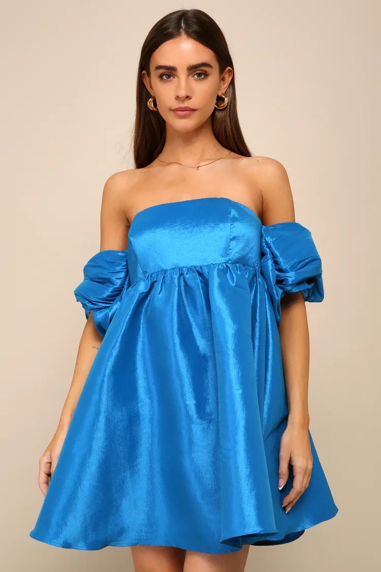 Blue Taffeta Off-the-Shoulder Babydoll Mini Dress | Prom Dress 2024 | Prom Inspo | Lulus
