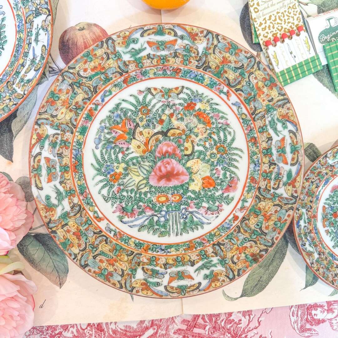 10" Antique Rose Canton with Thousand Butterfly Rim Featuring Grasshoppers (D) | Etsy (US)