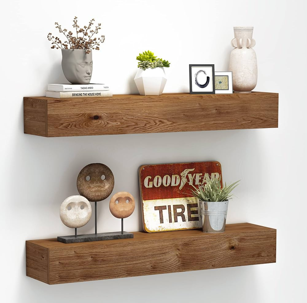 Wall Floating Shelves, Rustic Wood Wall Shelf Handmade (Light Walnut, 24 Inch - 2 Pack) | Amazon (US)