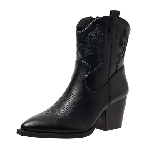 baobeijiadao Women's Black Cowboy Boots, Pointed Toe, Chunky Heel, Side Zipper, Ankle-High, Adult Size 7, Medium Width | Amazon (US)