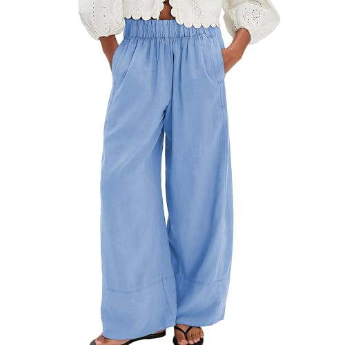 Linen Pants for Women Cotton Baggy Boho Casual Palazzo Pants Wide Leg Long Lounge Trousers with P... | Amazon (US)