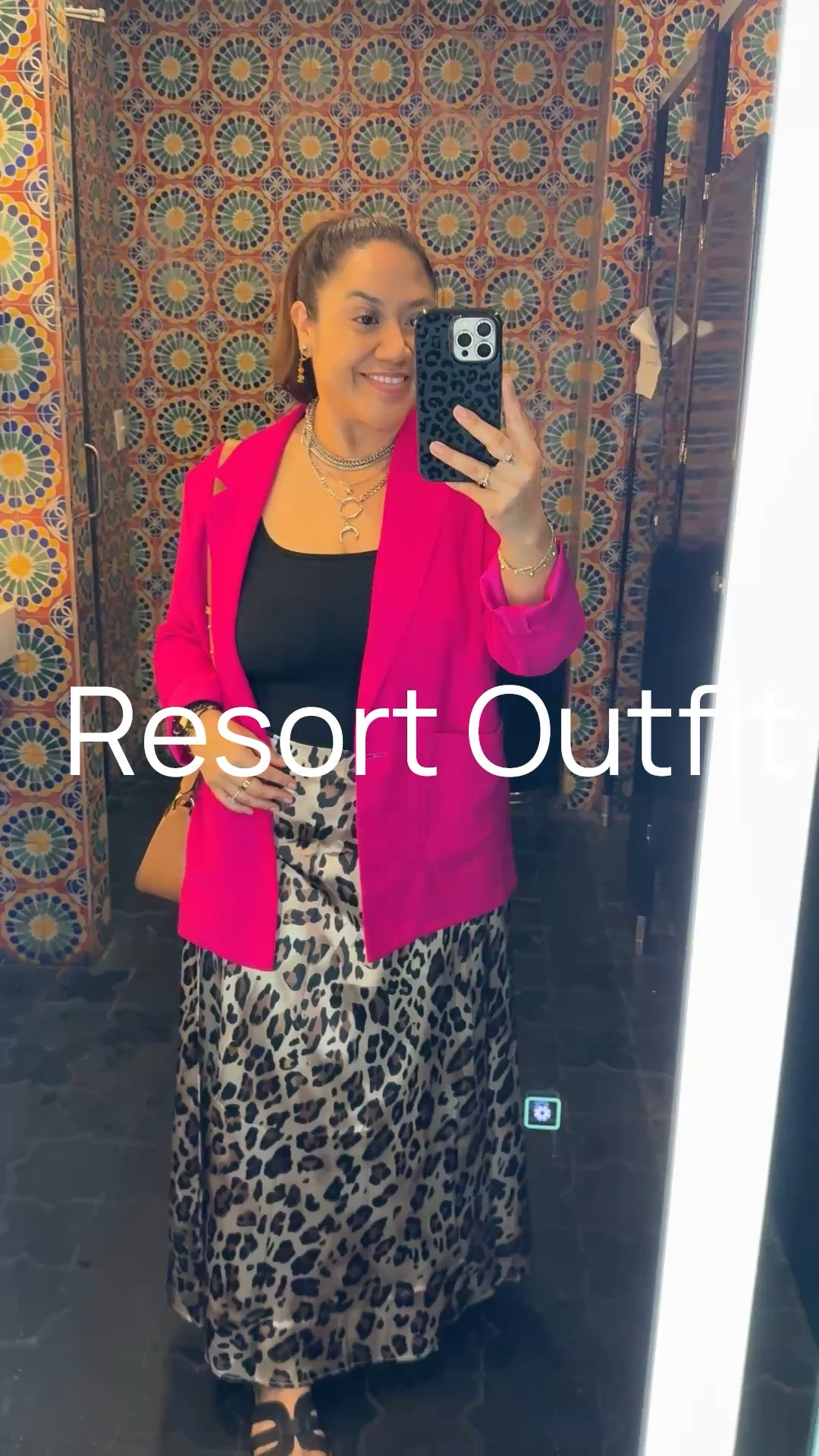 Resort Looks oversized, hot pink blazer with a black tank, bodysuit and leopard mini skirt. Awesome silver layered necklace with thick chain and moon from Etsy. Kate Spade shoulder bag, leopard phone case and sandals from Amazon. dainty gold bracelet from J.Crew and watch from MVTMT.

#LTKOver40 #LTKPetite #LTKTravel