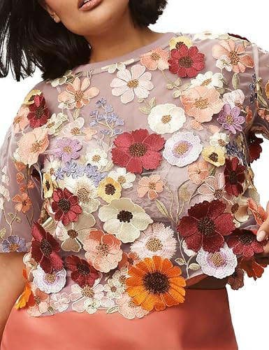 RIATOUR Women's Embroidered 3D Floral Blouse Short Sleeve Crew Neck Sheer Lace Tee Shirts (Pink-L) | Amazon (US)