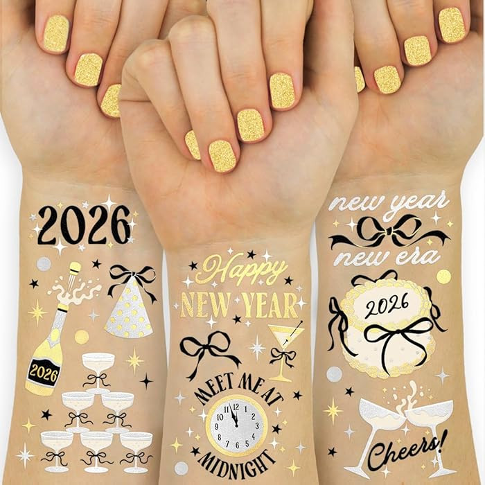xo, Fetti New Year's Eve Temporary Tattoos - 40 design | 2026 Gold and Silver Foil, NYE Party Acc... | Amazon (US)