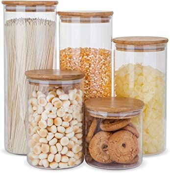 Glass Food Storage Containers Set,Airtight Food Jars with Bamboo Wooden Lids - Set of 5 Kitchen C... | Amazon (US)