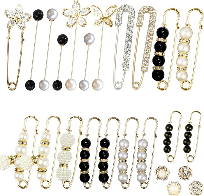 24 Pieces Pearl Crystal Brooch Safety Pins Button Pins Pant Waist Tightener Pins for Clothes Swea... | Amazon (US)