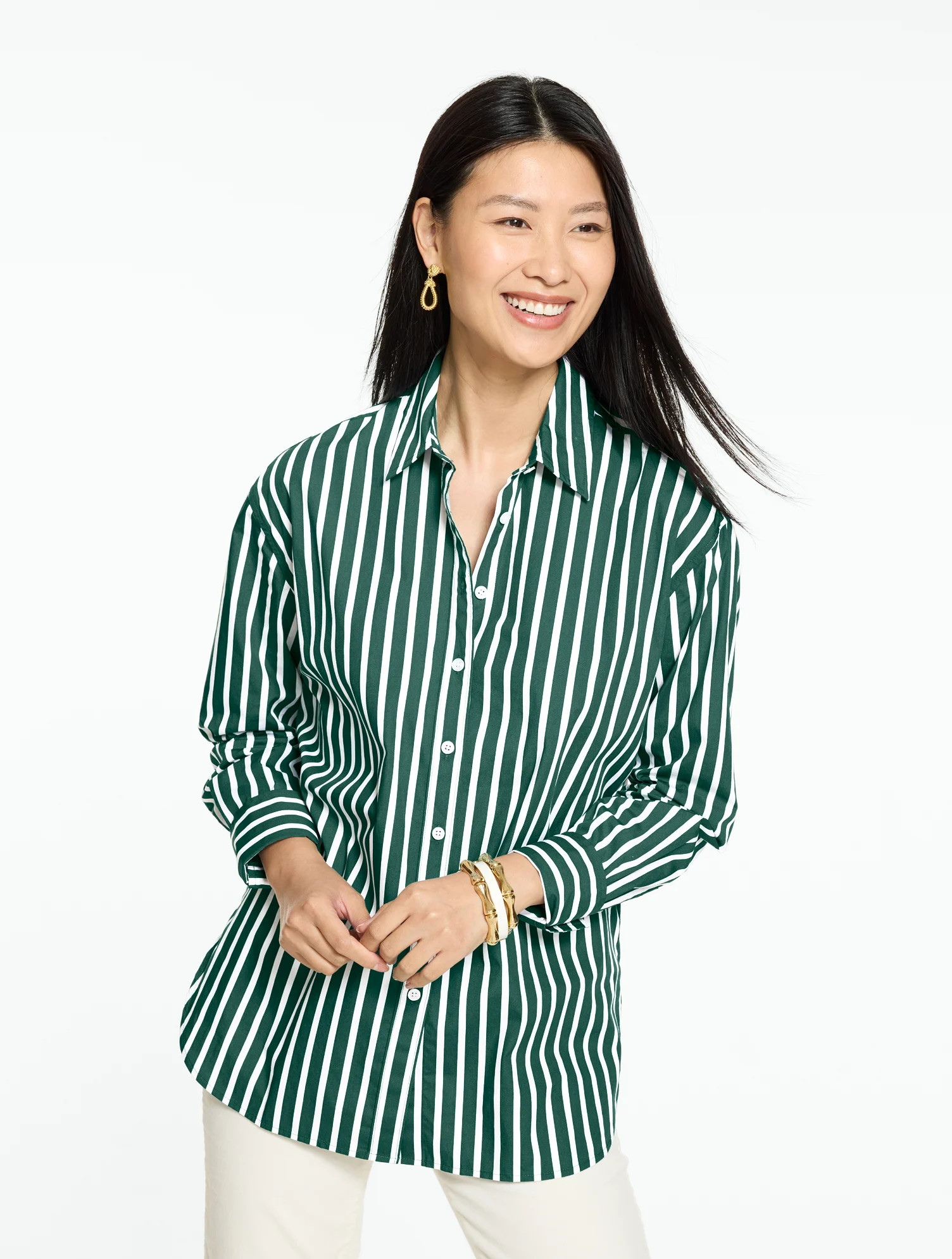 Plus Petite - Everyday Relaxed Shirt - Orchard Stripe - Heritage Green/White - 3X - 100% Cotton Talbots | Talbots