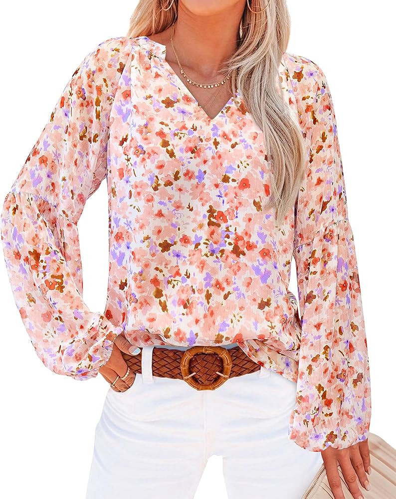 BTFBM Boho Blouses for Women Dressy Casual Floral Long Sleeve Shirts V Neck Lightweight Chiffon S... | Amazon (US)