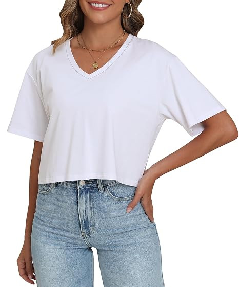 PRIMODA Women's Oversized Crop Tops Boxy V Neck Short Sleeve Cropped T Shirts Loose Summer Workou... | Amazon (US)