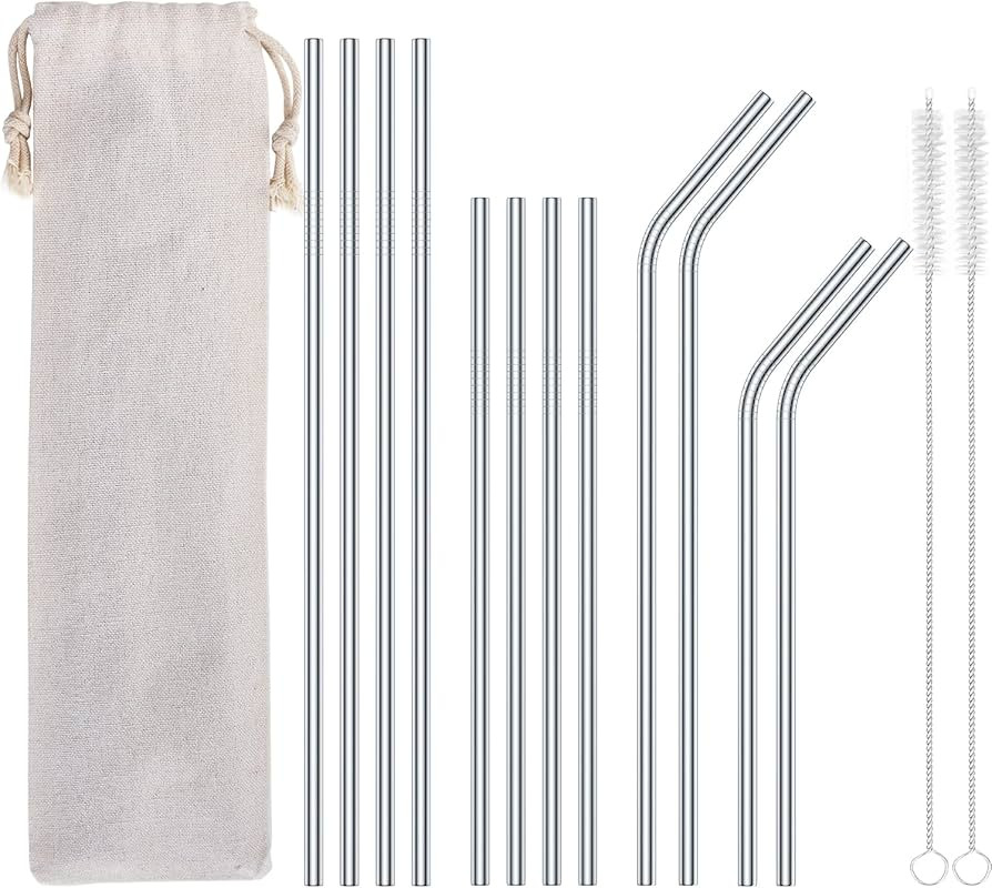 Urekt 12-Pack Reusable Stainless Steel Straws with Travel Case, 8.5 and 10.5 Inch Long Eco Friendly  | Amazon (US)