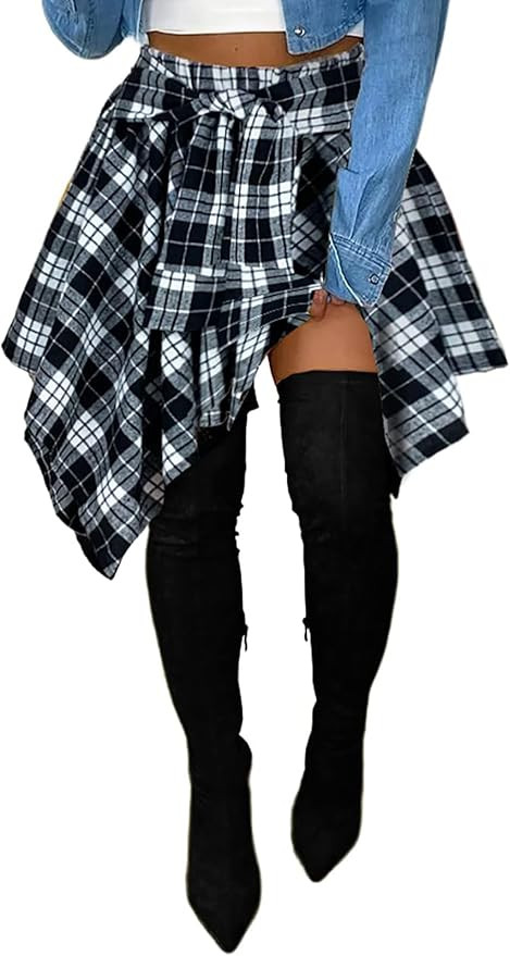Womens Plaid Skirts Elastic High Waist Tie Front Asymmetrical Hem Pleated Mini Skirt | Amazon (US)