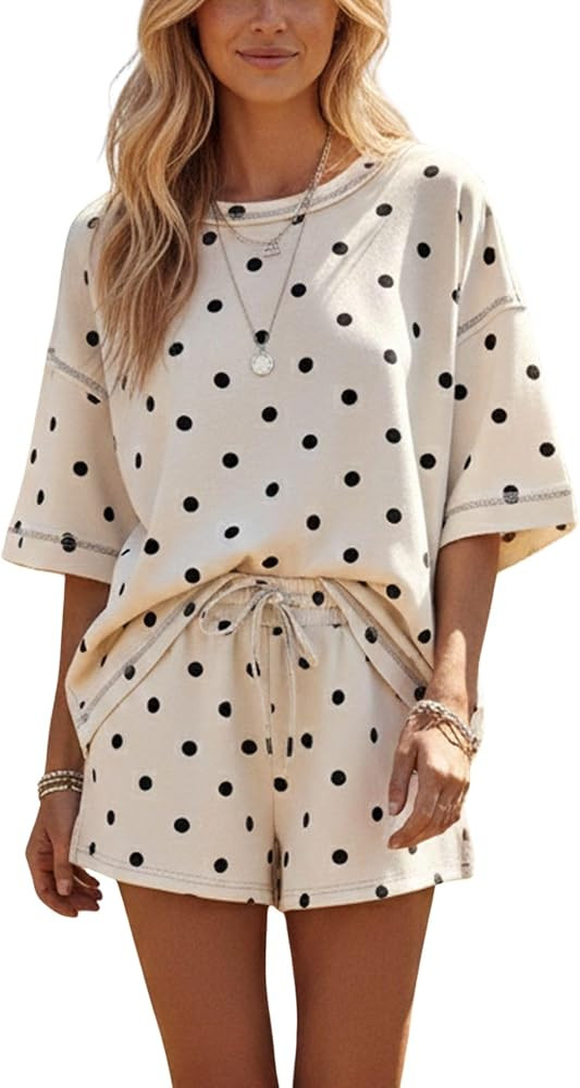 Polka Dot Two Piece Set for Women Short Sleeve Pullover Top Shorts Lounge Set Summer Casual Matching Vacation Outfits | Amazon (US)