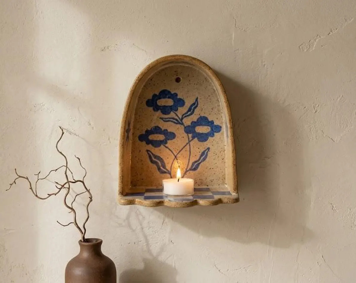 Hand-painted Ceramic Wall Niche Candle Holder, Blue Floral Tealight Sconce, Cozy Rustic Decor - E... | Etsy (Global)