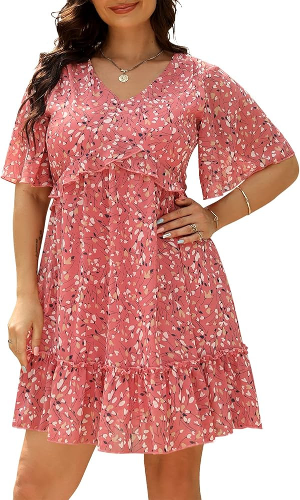 Nemidor Womens Loose Plus Size Summer Ditsy Floral Print Ruffle Mini Flowy Dress NEM314 | Amazon (US)