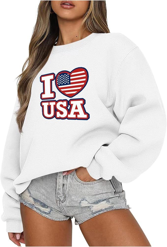 fesfesfes USA Sweatshirt Women Oversized American Flag Shirt Patriotic Stars Stripes Pullover 4th... | Amazon (US)