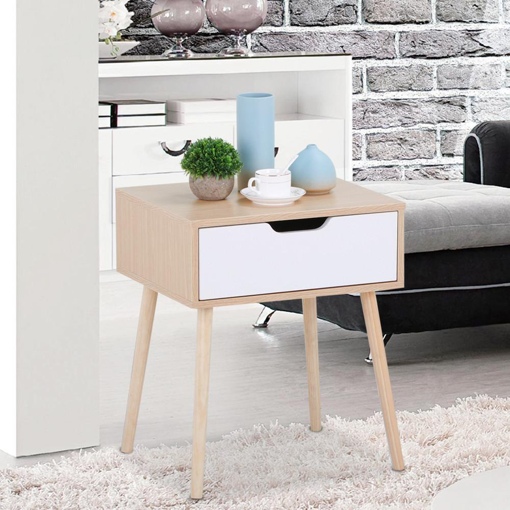 Yaheetech Walnut Bedside Table Solid Wood Legs Nightstand with White Storage Drawer | Walmart (US)