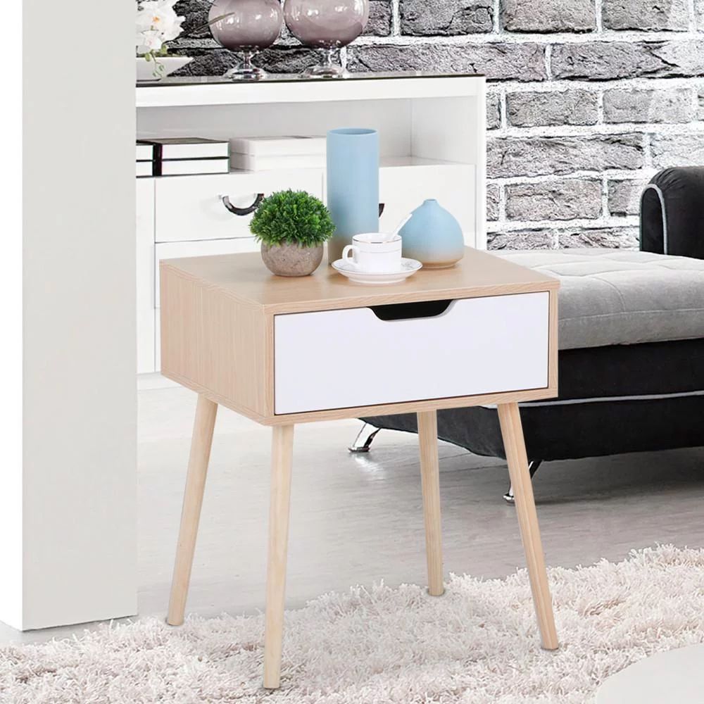 Yaheetech Walnut Bedside Table Solid Wood Legs Nightstand with White Storage Drawer | Walmart (US)