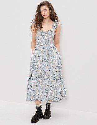 AE Floral Flutter Sleeve Smocked Midi Dress | American Eagle Outfitters (US & CA)