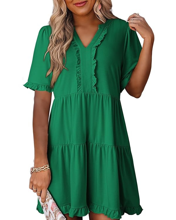 Dokotoo Womens Dresses 2025 Summer Spring V Neck Short Sleeve Casual A Line Flowy Swing Shift Dre... | Amazon (US)