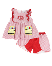 Crayon Pocket Red Seersucker Girl Shorts Set | Smockingbird Kids