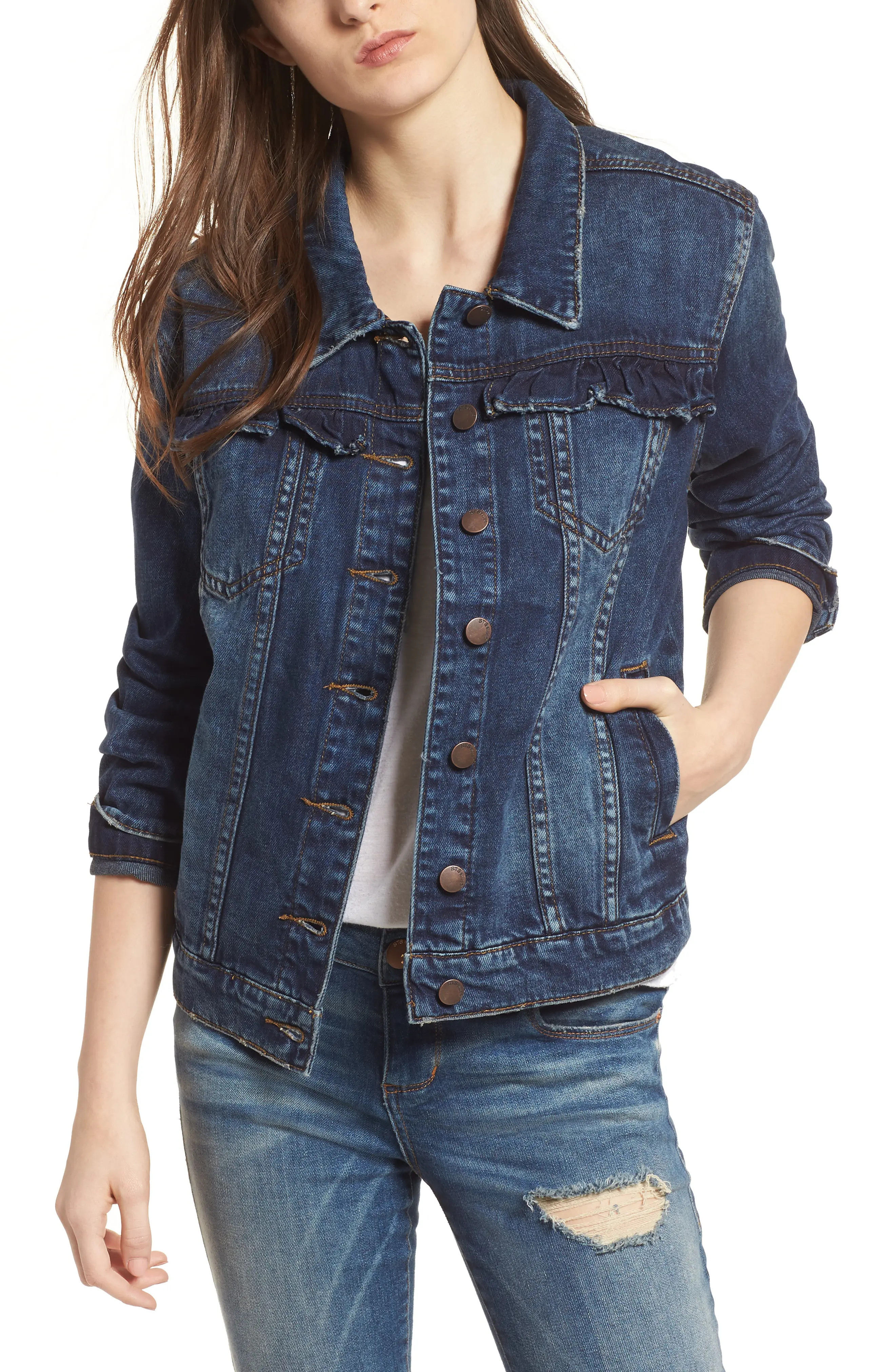 Ruffle Trim Boyfriend Denim Jacket | Nordstrom