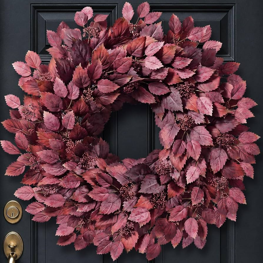 26" Artificial Hibiscus Leaves Fall Wreath for Front Door Decor(Autumn Red) | Amazon (US)