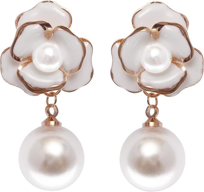 Fashion jewelry designer imitation pearl camellia charm dangle earrings for women | Amazon (US)