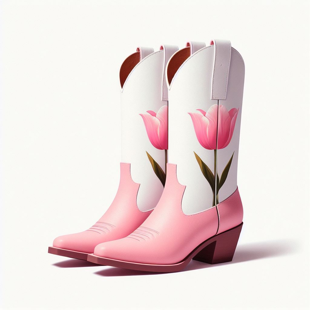 Pink & White Tulips Print Chunky Heel Mid-Calf Cowboy Boots for Women | FSJshoes