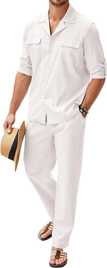 COOFANDY Men's 2 Pieces Cotton Linen Set Button Down Shirt Long Sleeve Casual Beach Pants Summer ... | Amazon (US)