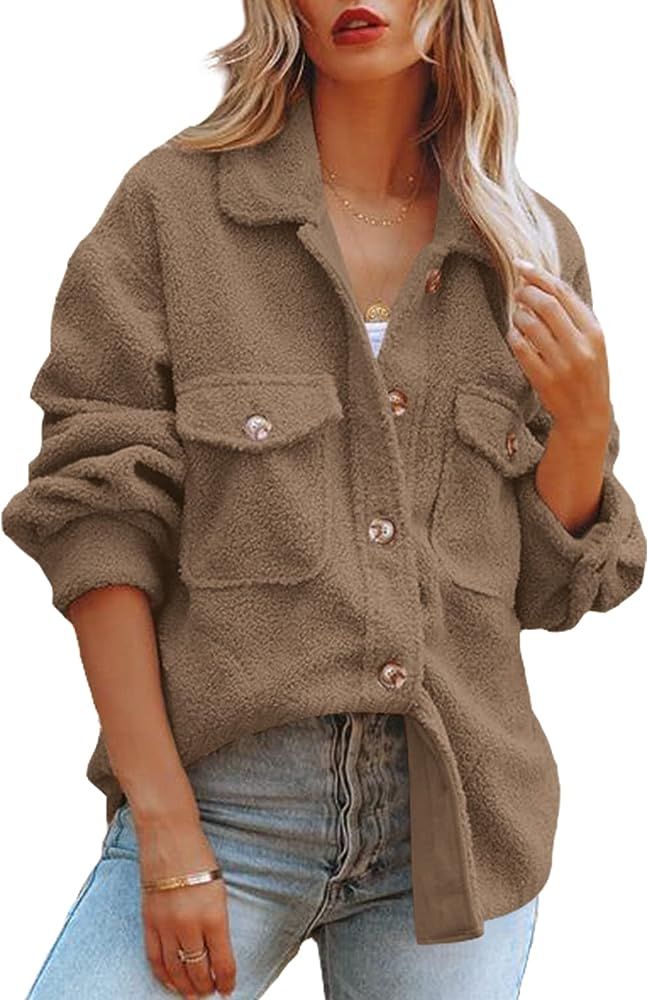 ReachMe Womens Sherpa Fleece Jacket Button Down Shirt Jacket Long Sleeve Shacket with Pockets Lapel  | Amazon (US)