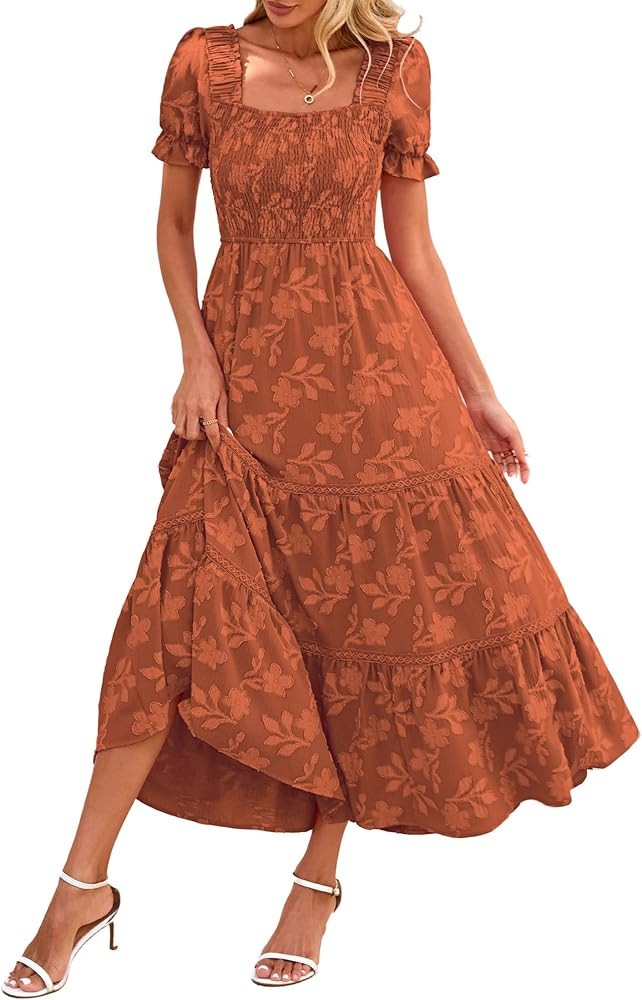 Lazysmile Women's Summer Boho Floral Maxi Dress Short Sleeve Square Neck Smocked Ruffle Elegant W... | Amazon (US)