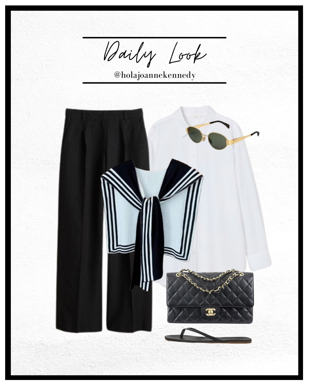 old money aesthetic, quiet luxury fashion, spring outfit inspo, monochrome look, minimalist chic, timeless style, black and white outfit, UK fashion, capsule wardrobe, Thursday fashion post, Celine inspired style, Chanel classic bag, spring fashion 2025, black linen trousers, white shirt, black and white stripe shawl, Shein shawl, nautical outfit, workwear  

#LTKuk #LTKstyletip #LTKworkwear