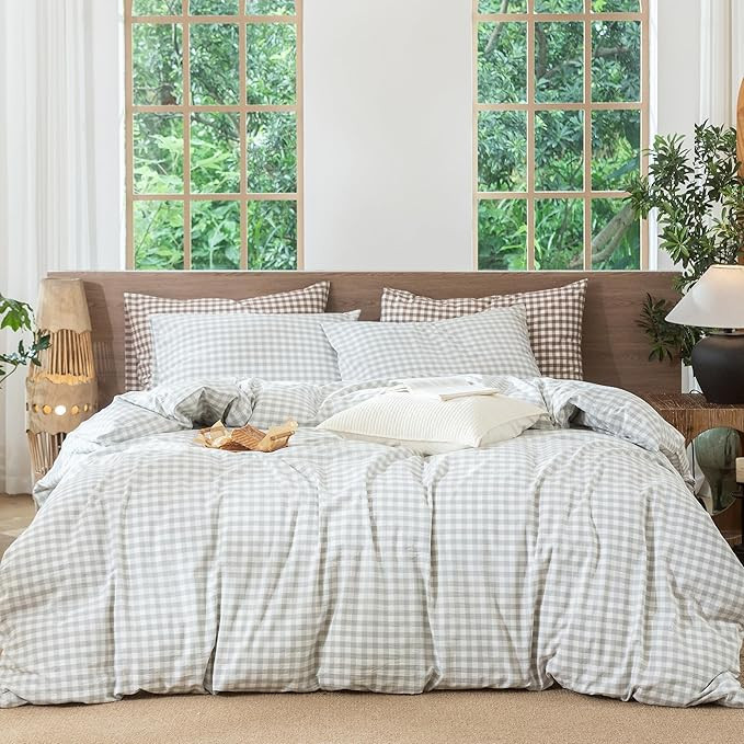 MooMee Gingham Duvet Cover Set 100% Washed Cotton Linen Like Textured Breathable Durable Soft Com... | Amazon (US)