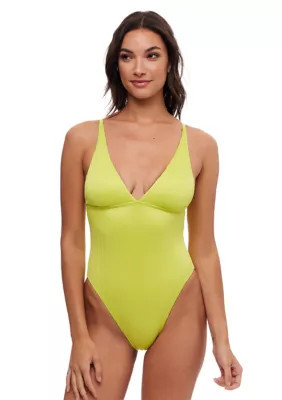 Splendid Women's Variegated Rib Plunge One Piece Swimsuit, Lime, XS | Belk