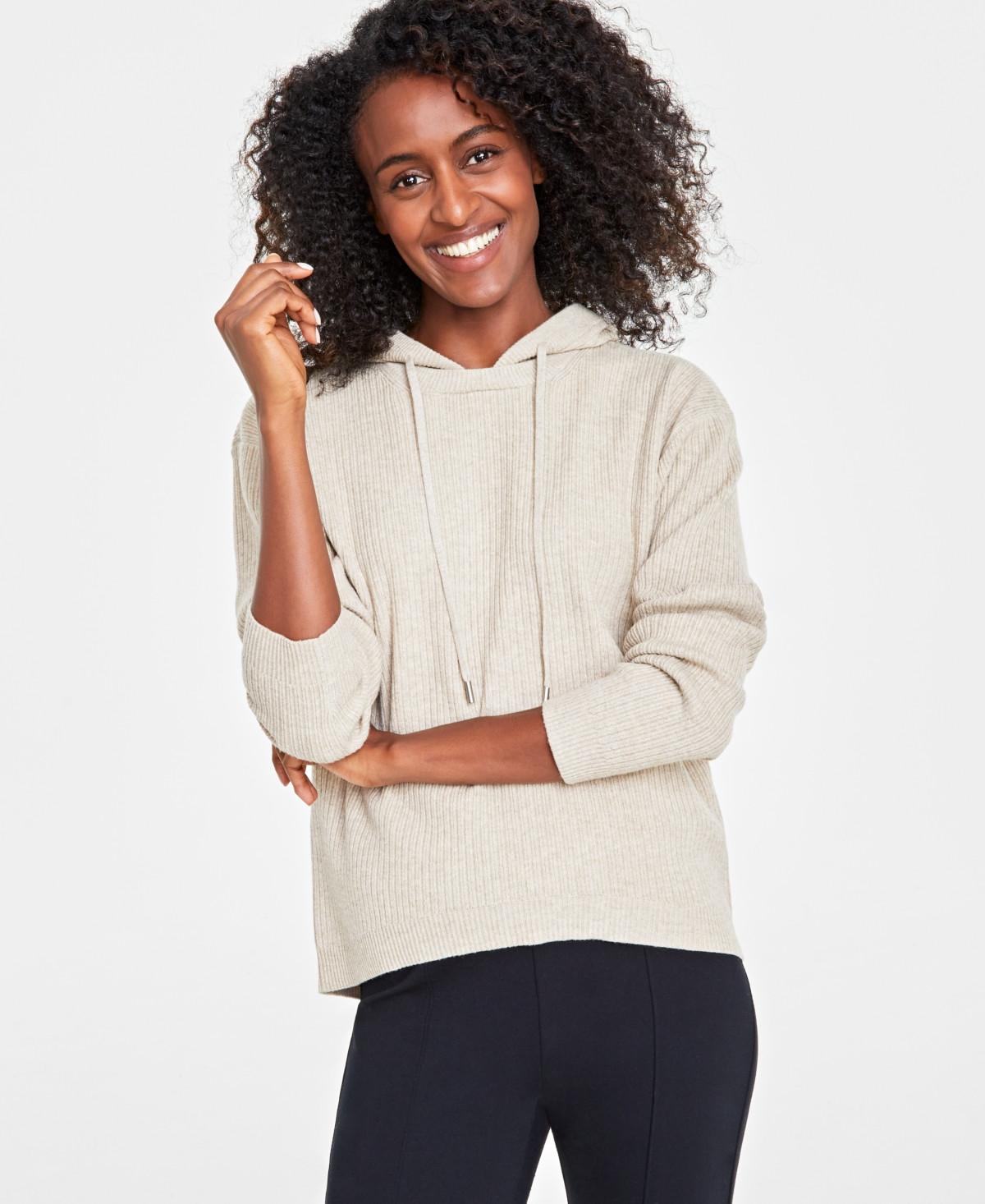 On 34th Women's Ribbed-Knit Sweater Hoodie, Created for Macy's - Sandcastle Heather | Macy's