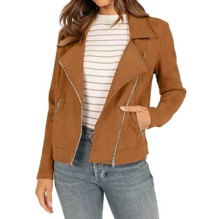 Fabiurt Jackets Women s Fall Suede Moto Jacket Fashion Long Sleeve Zipper Short Casual Coats With Po | Walmart (US)