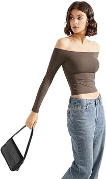 SUUKSESS Women Off Shoulder Double Lined Long Sleeve Shirts Basic Going Out Tops | Amazon (US)