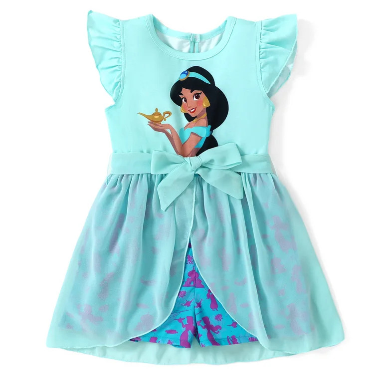 Disney Princess Girls Romper Jasmine Graphic Jumpsuit with Tulle Skirt Dresses Ruffled Sleeve Sum... | Walmart (US)
