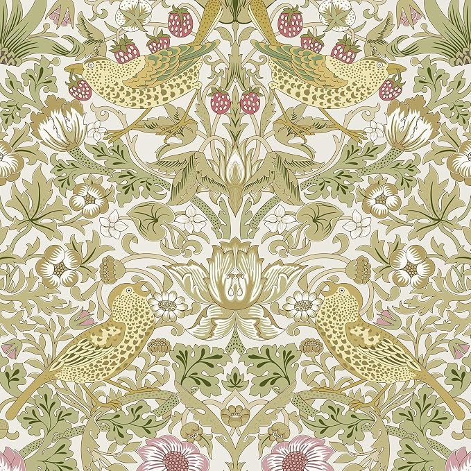 HueBurst William Morris Vintage Peel and Stick Wallpaper 17.7 x 118in Strawberry/Bird Botanical S... | Amazon (US)